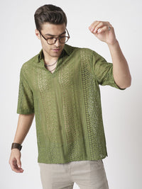 VASTRADO Men Classic Oversized Fit Spread Collar Textured Cotton Casual Shirt