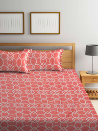 Aura Rust Abstract Cotton 300 TC Fitted King Fine Bedsheet with 2 Pillow Covers-98 x 87 inches