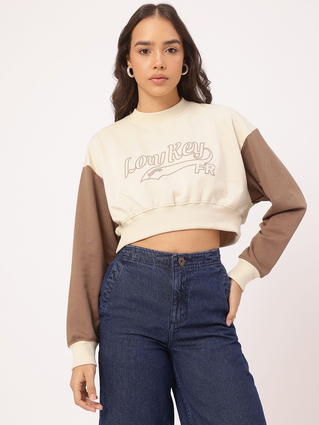 DressBerry Printed Contrast Sleeves Crop Sweatshirt