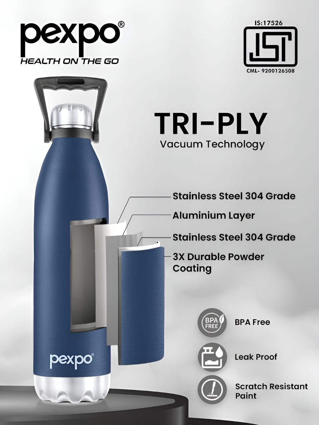 Pexpo Echo Denim Blue Printed ISI Certified Thermosteel Hot Flask Water Bottle 1750ml