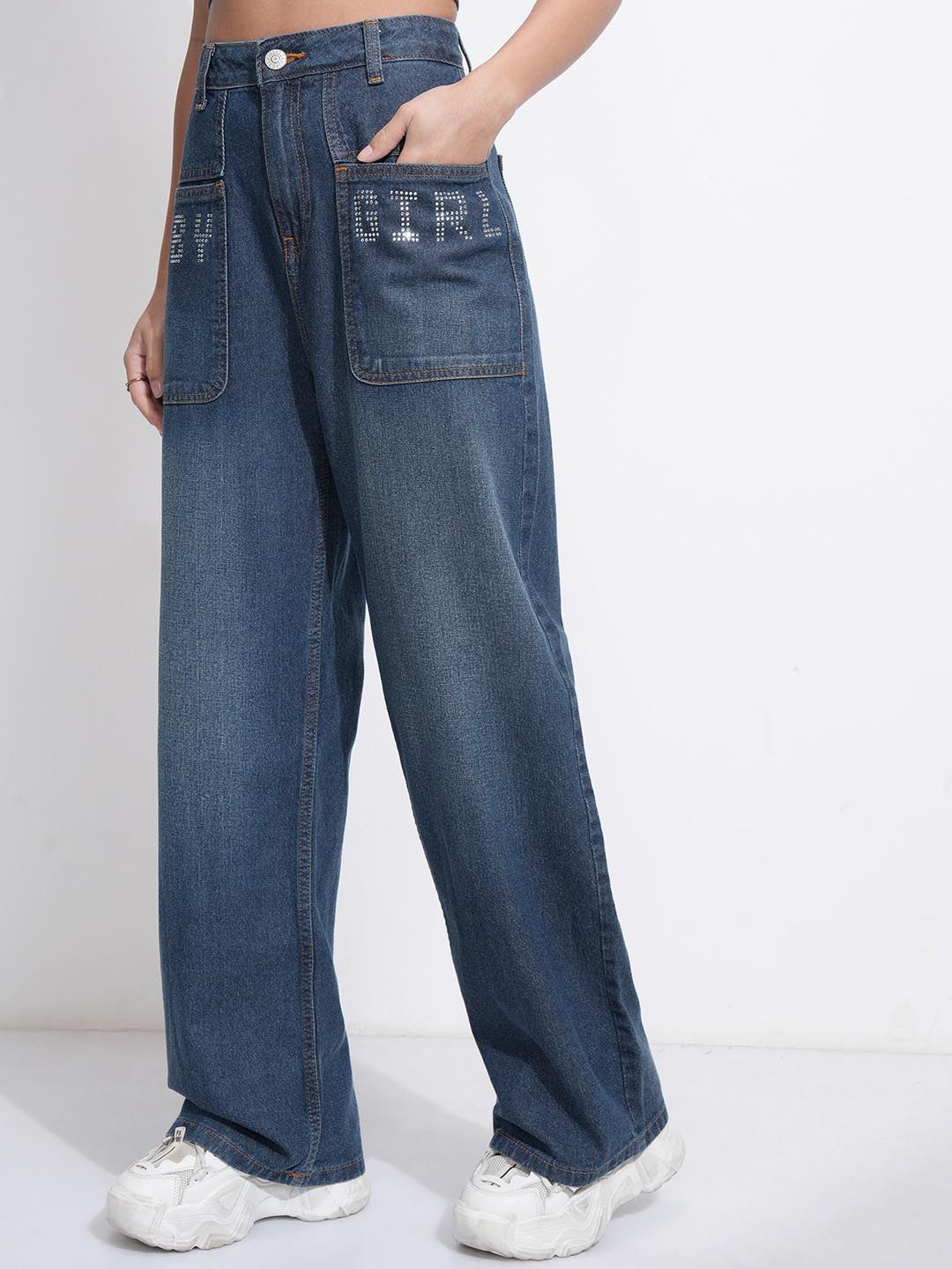 Street By Tokyo Talkies Women Rhinestone High Rise Wideleg Jeans