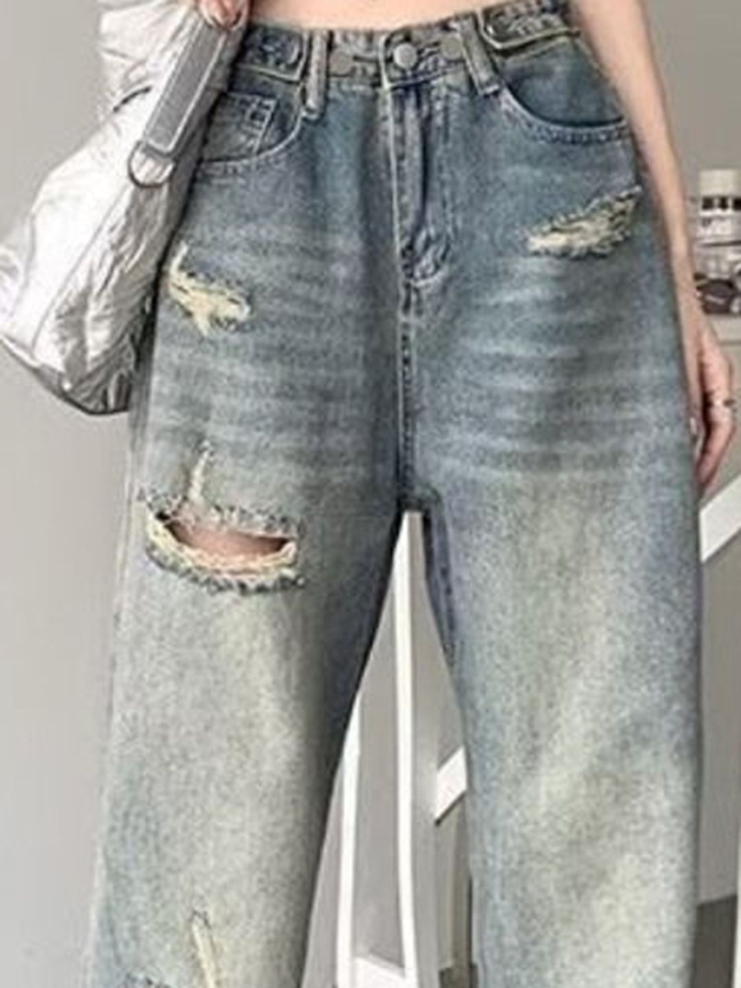 DressBerry Women Wide Leg Highly Distressed Heavy Fade Cotton Jeans
