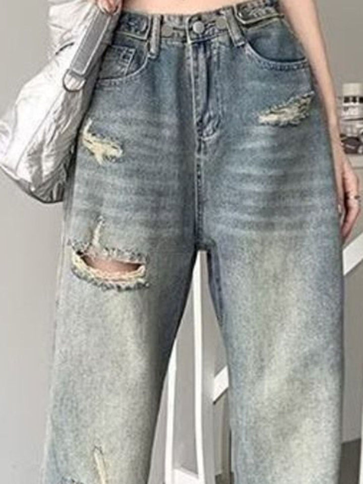 DressBerry Women Wide Leg Highly Distressed Heavy Fade Cotton Jeans