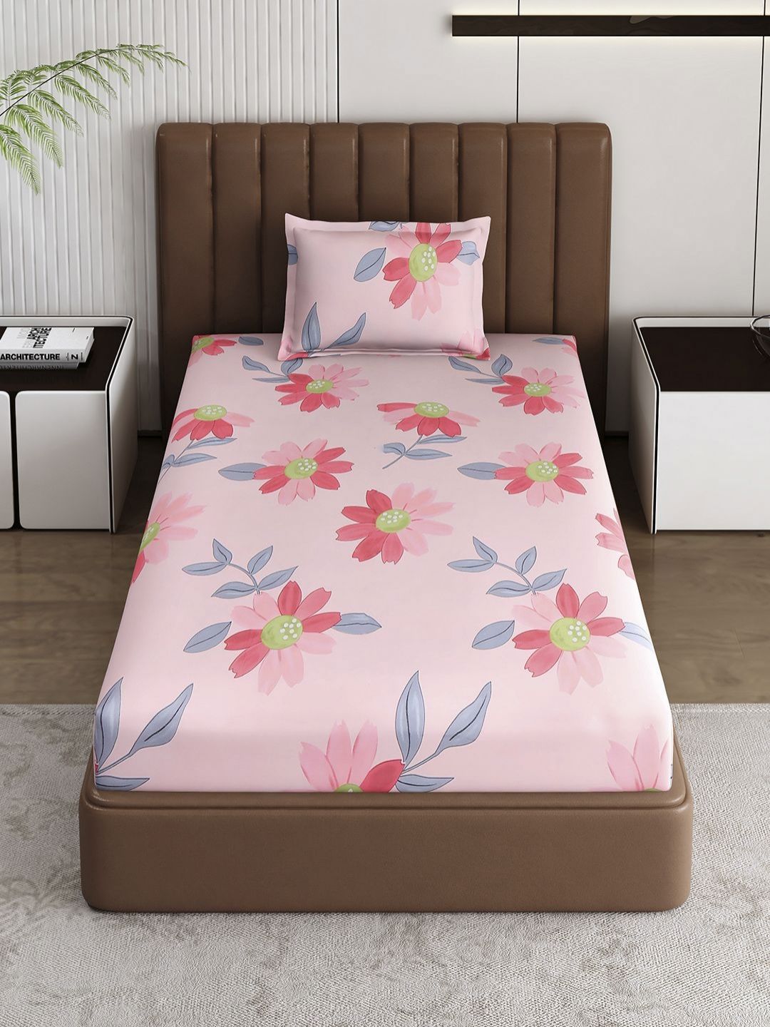 Monte Carlo Pixel Magenta & Gray Floral Dicetak 120 TC Single Bedsheet Set 1.52 m x 2.30 m