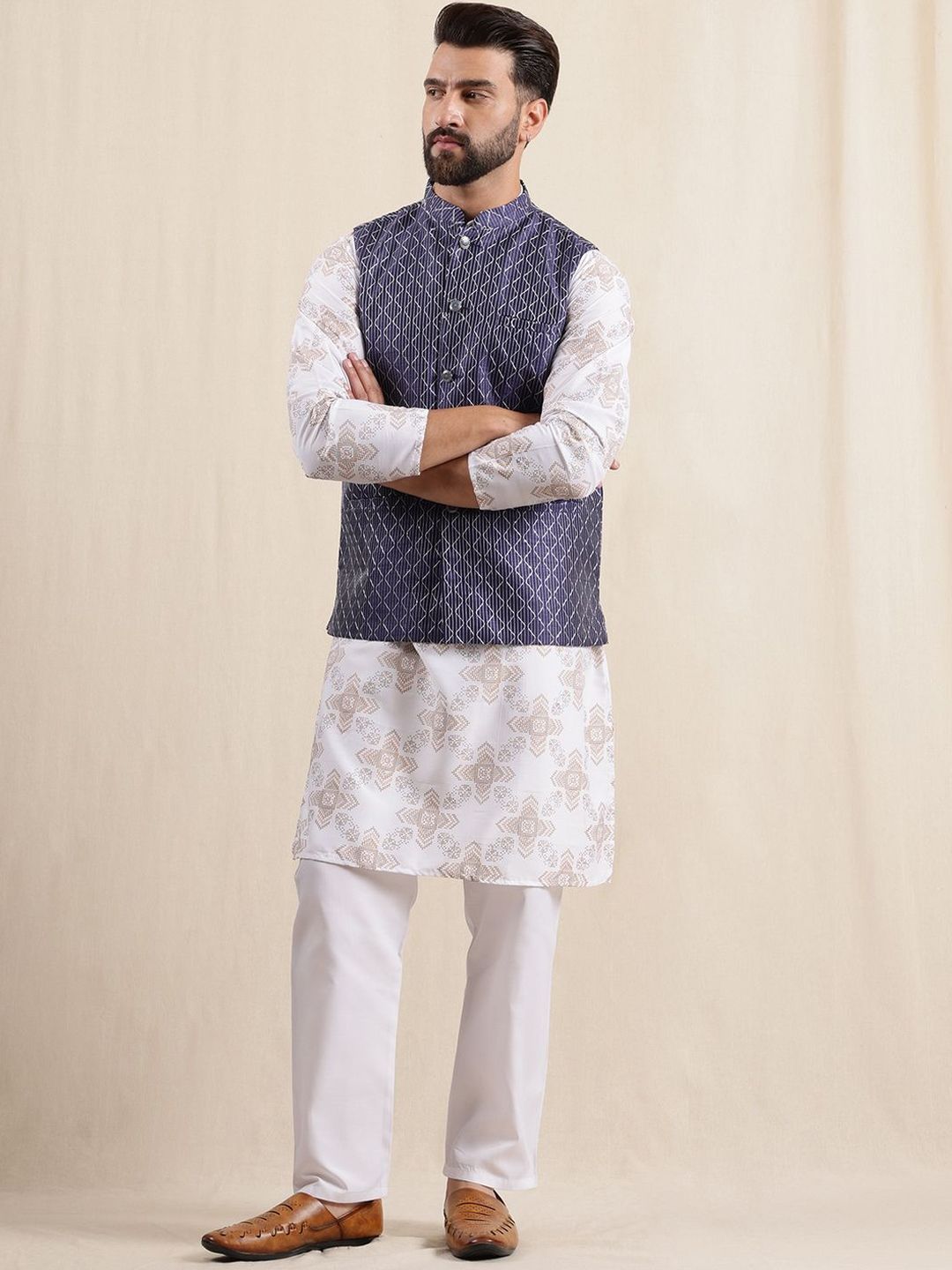 Anouk Men Printed Mandarin Collar Kurta Sets With Nehru jacket
