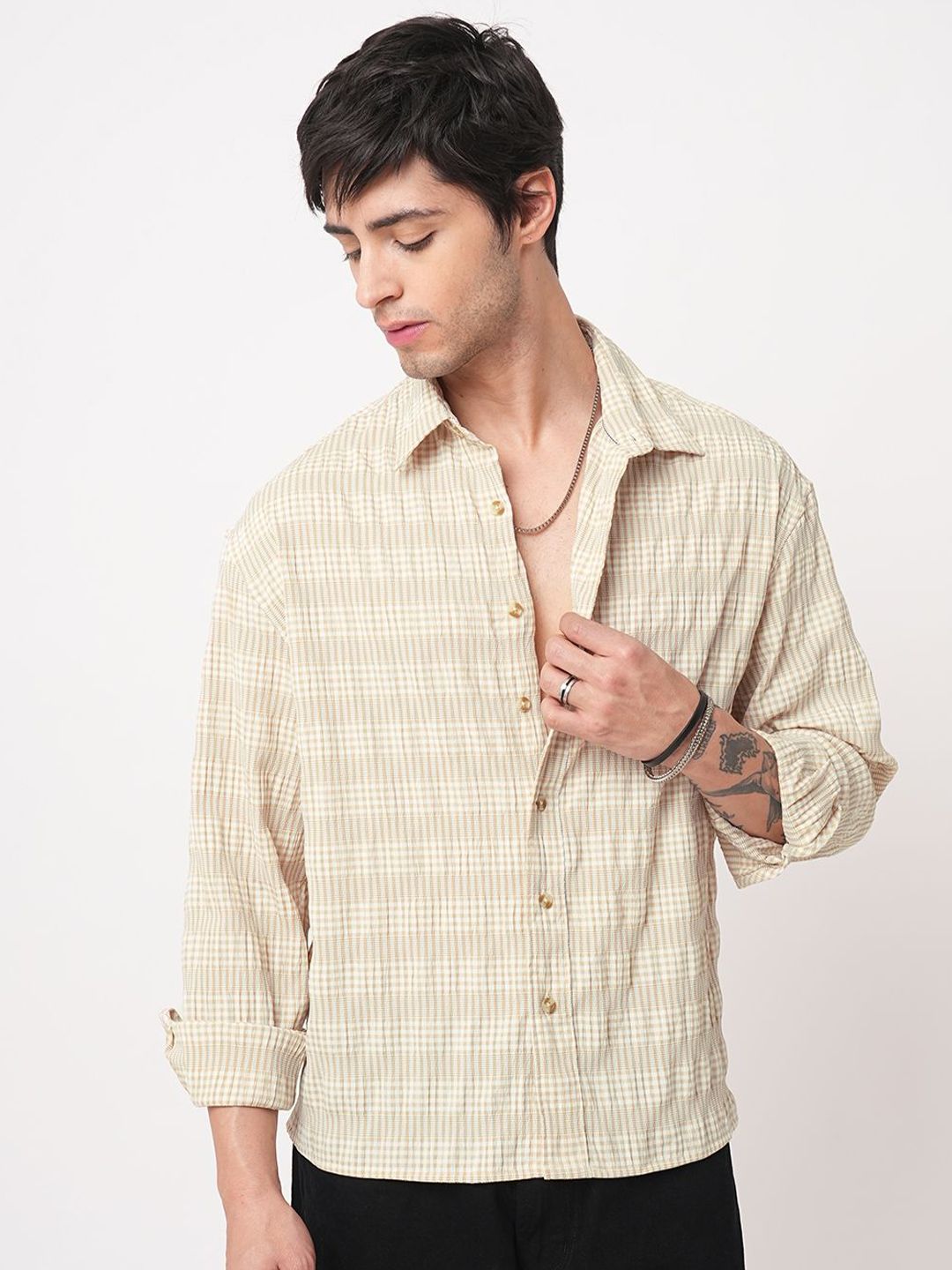 VASTRADO Classic Oversized Checked Seersucker Weave Cotton Casual Shirt