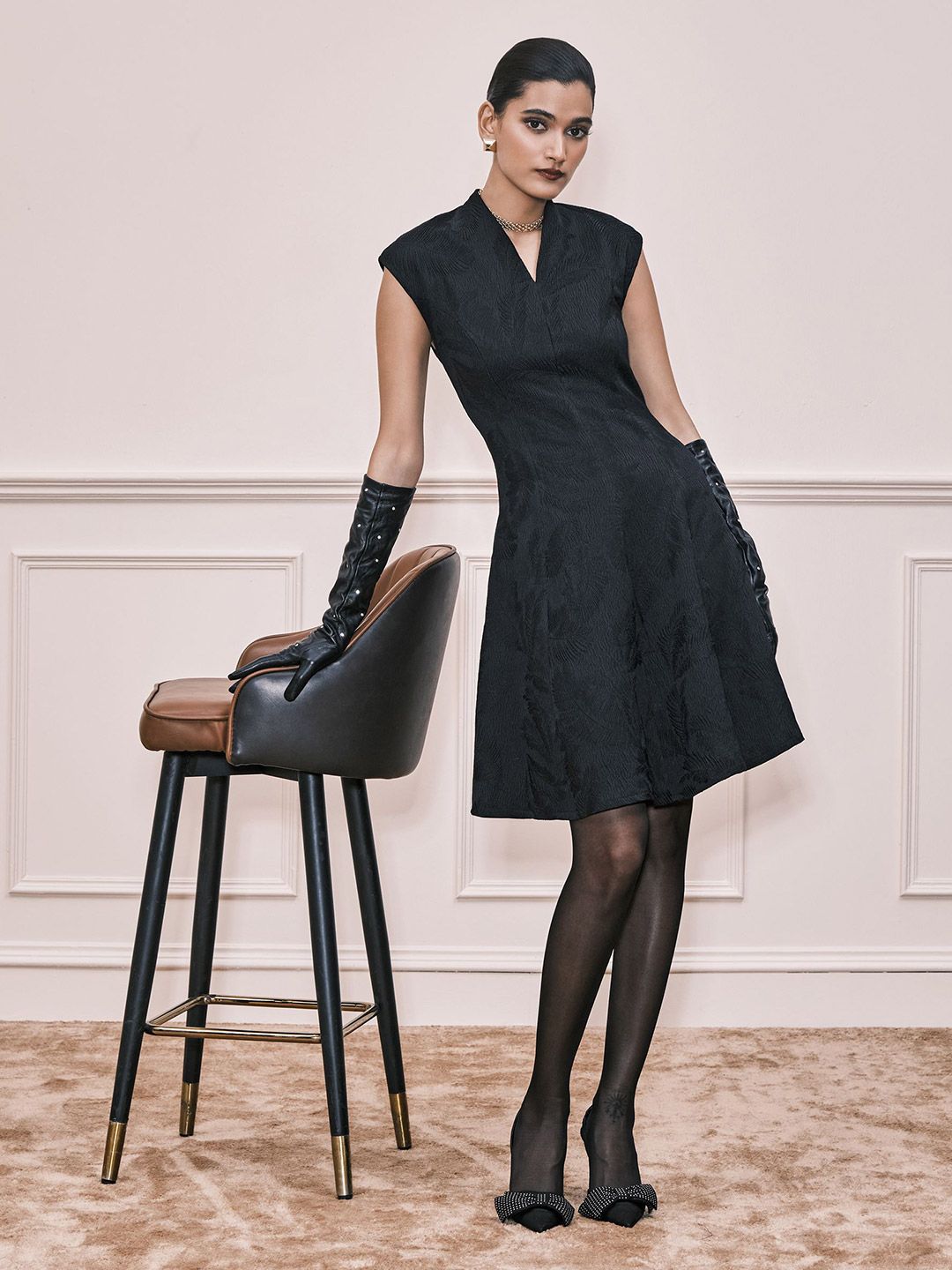 AND Self Design V-Neck Extended Sleeves Fit & Flare Above Knee Dress