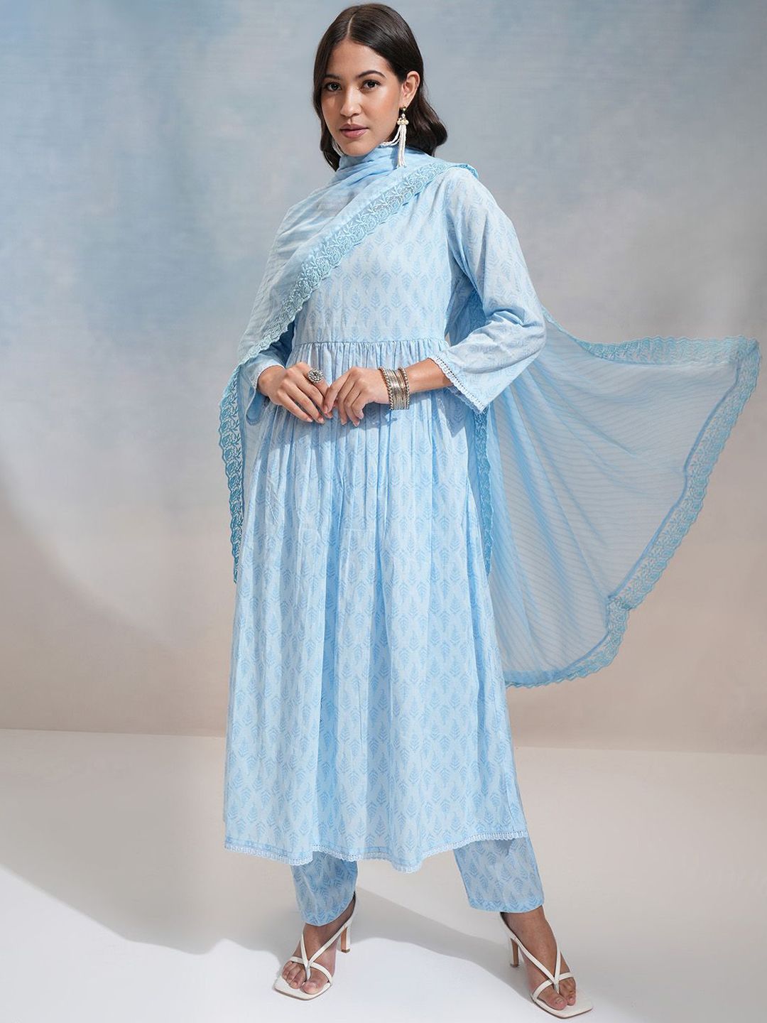 Vishudh Ethnic Motifs Printed Regular Pure Cotton Anarkali Kurta with Trousers & Dupatta