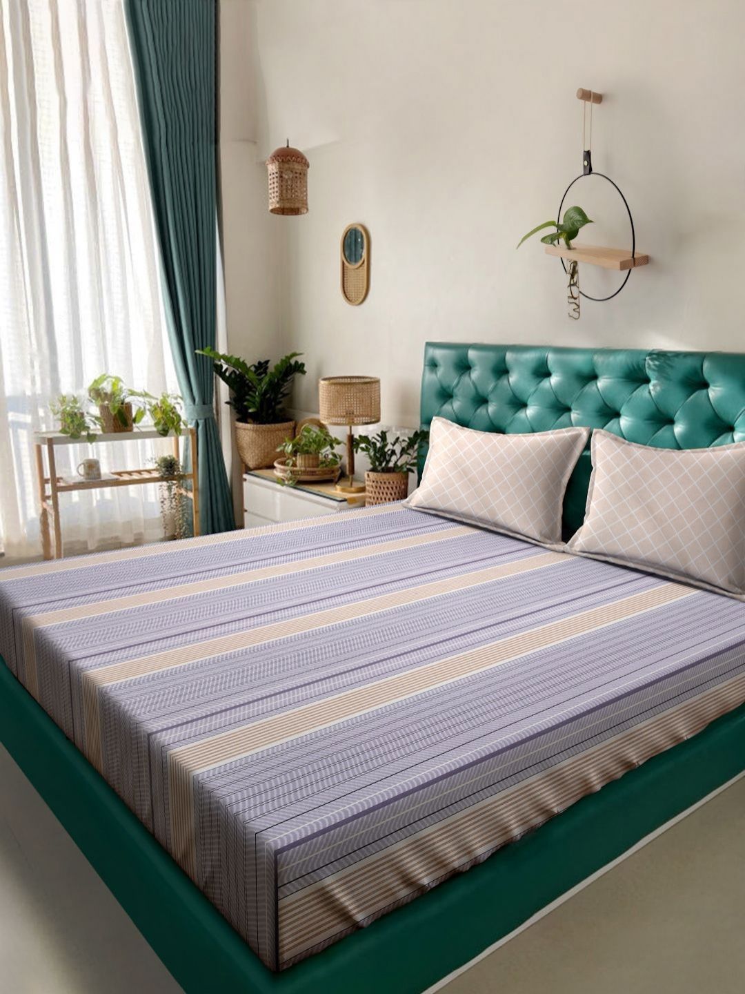 KLOTTHE Kapas Berjalur Ungu 300 TC Cadar King Halus dengan 2 Sarung Bantal-98 x 89 inci