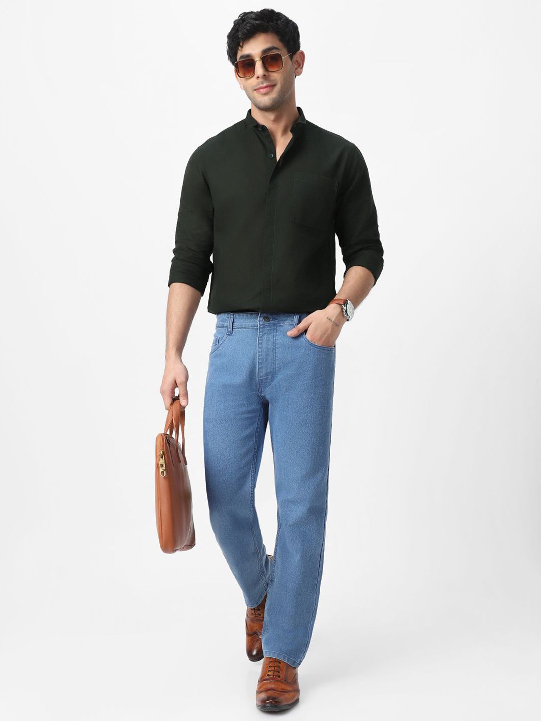 Urbano Fashion Men Club Collar Solid Cotton Casual Shirt