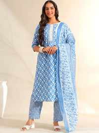 Mamicha Women Ethnic Motifs Printed Regular Thread Work Pure Cotton Kurta with Trousers & With Dupatta