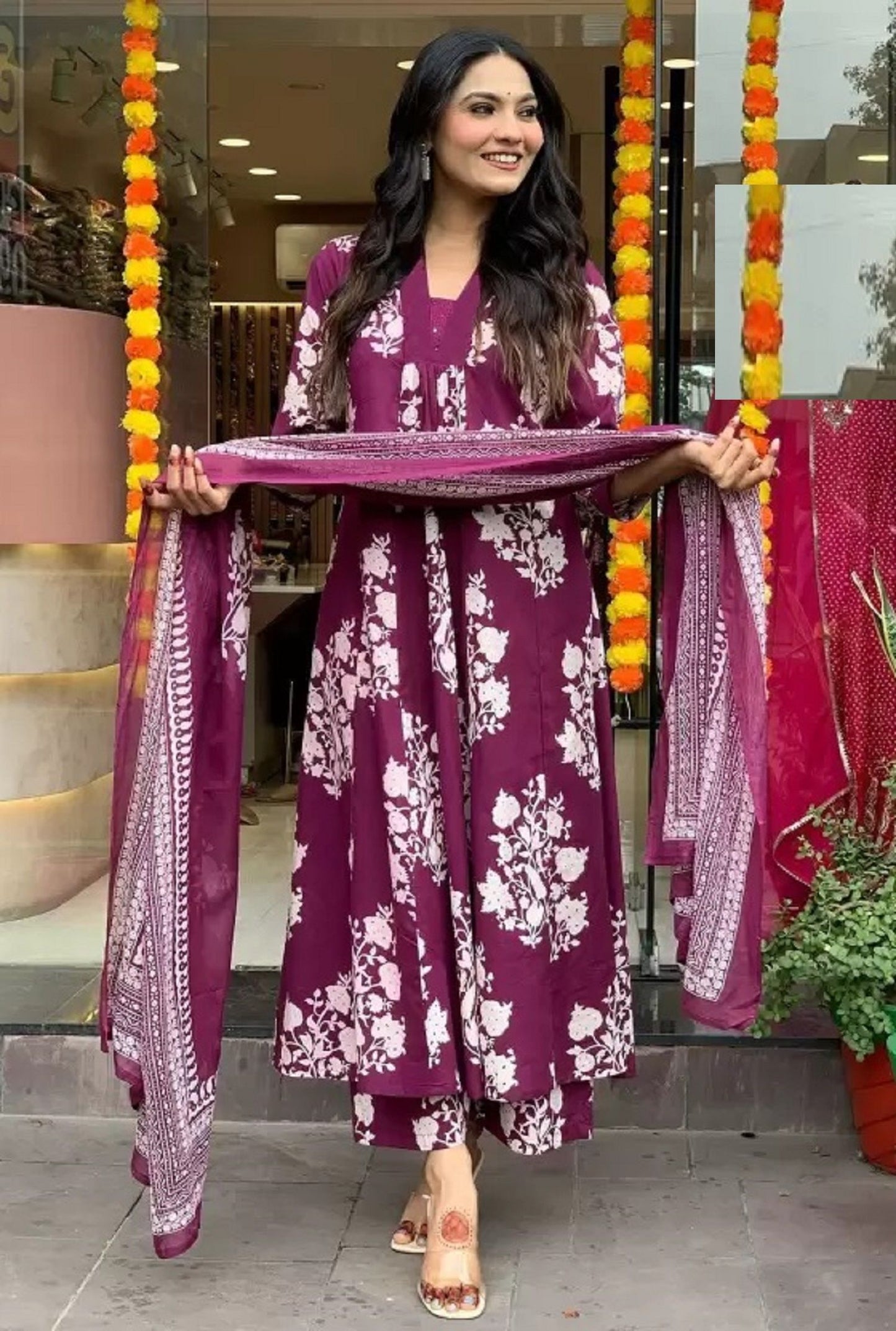 KALINI Floral Printed Pleated V-Neck A-Line Kurta With Palazzos And Dupatta