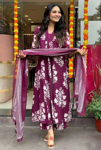 KALINI Floral Printed Pleated V-Neck A-Line Kurta With Palazzos And Dupatta
