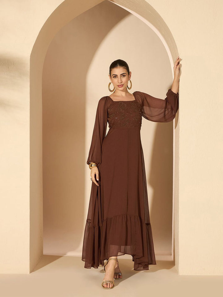 Antheaa Women Embellished Ruffles Maxi Dress