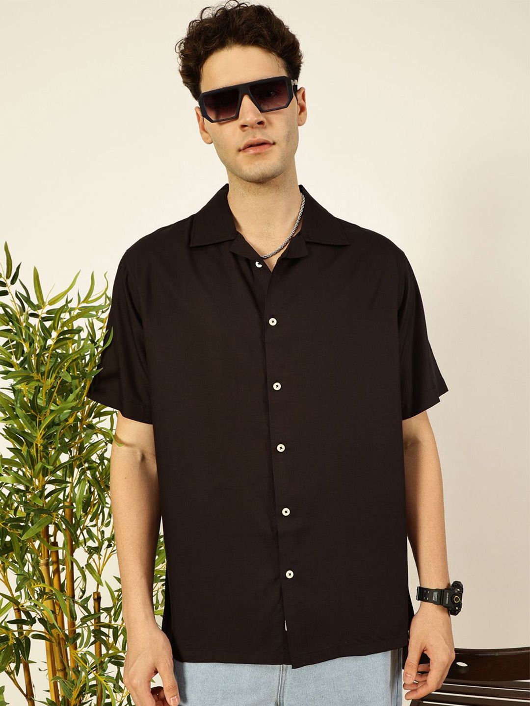 Thomas Scott Men Premium Cuban Collar Solid Oversized Casual Shirt
