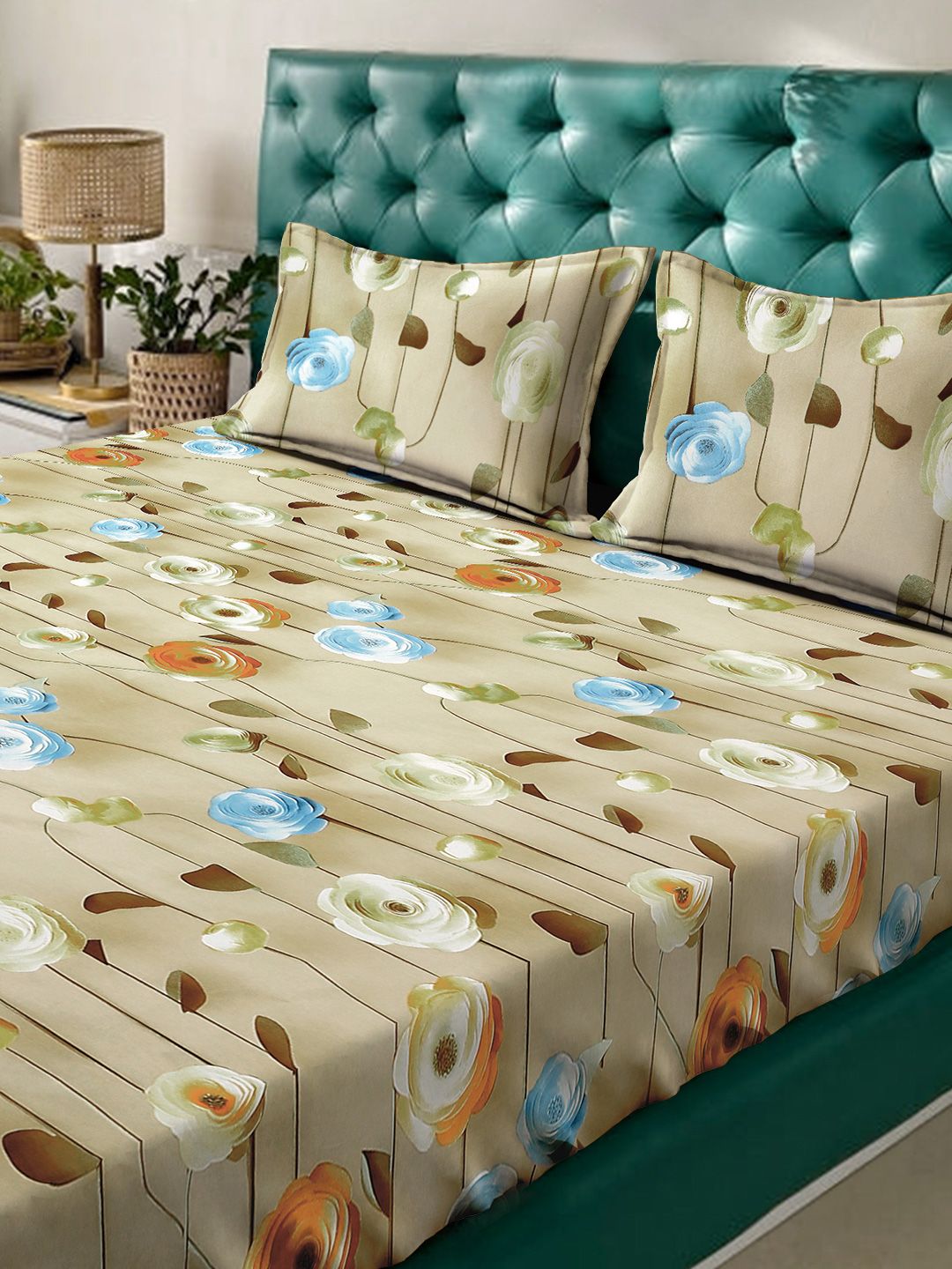 KLOTTHE Beige Floral Printed Fitted 300 TC King 7D Bedsheet With 2 Pillow Cover