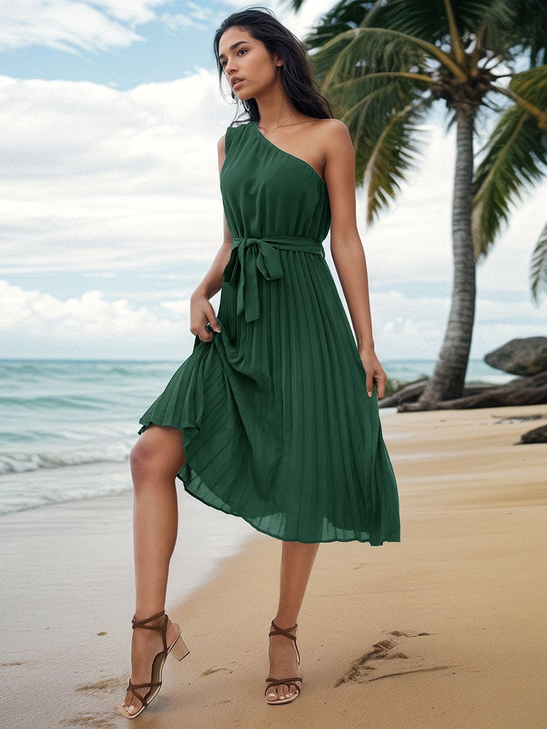 DressBerry Accordian Pleats One Shoulder A-Line Midi Dress with Belted Detail