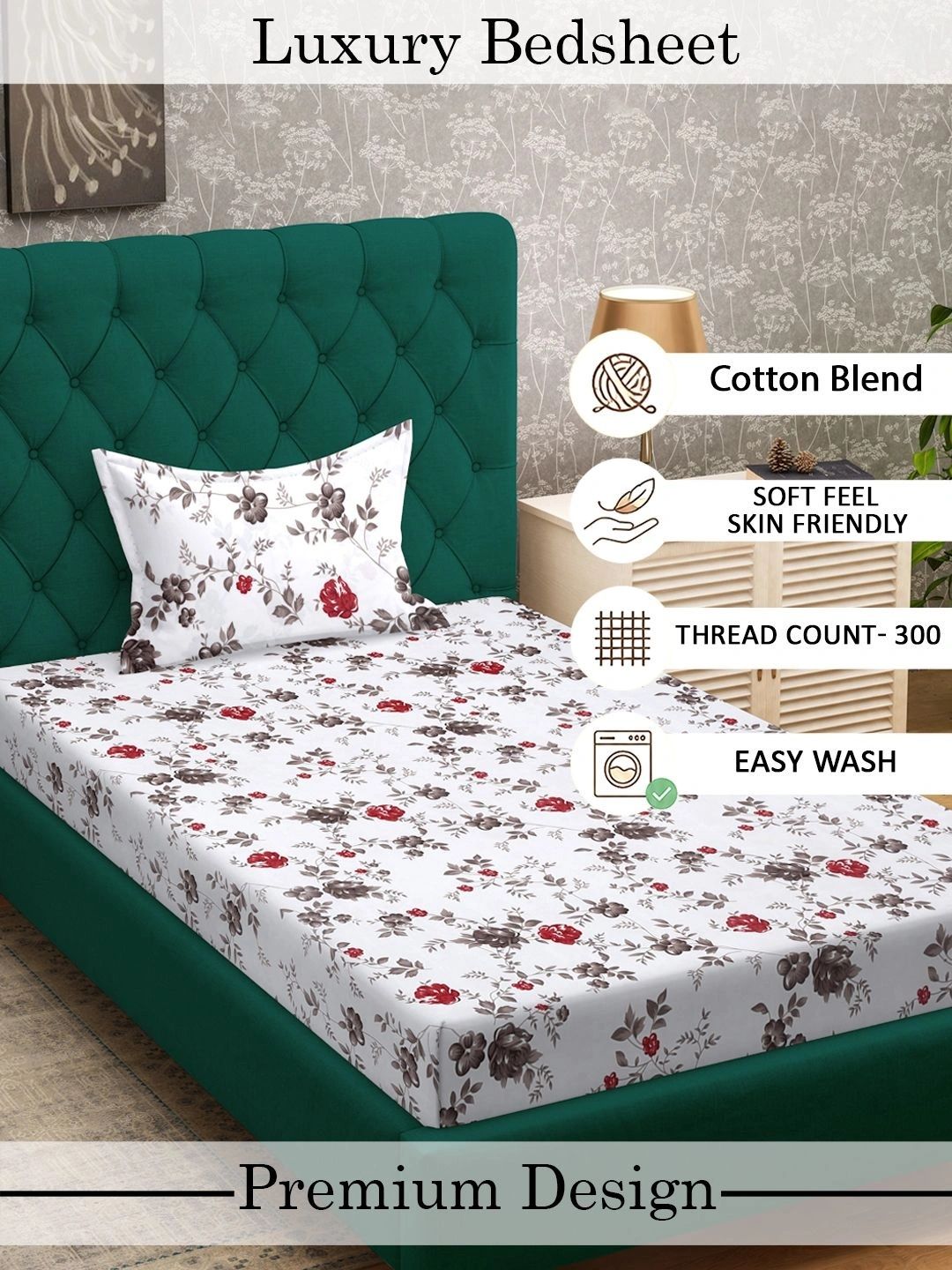 Myntra Elegant Homes White & Red Floral 300 TC Single Bedsheet with 1 Pillow Covers