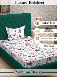 Myntra Elegant Homes White & Red Floral 300 TC Single Bedsheet with 1 Pillow Covers