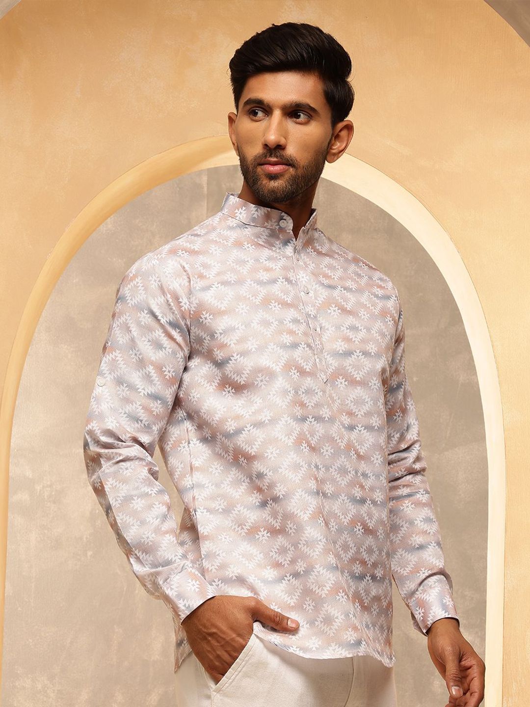 SOJANYA Geometric Printed Band Collar Cotton Linen Kurta Lurus