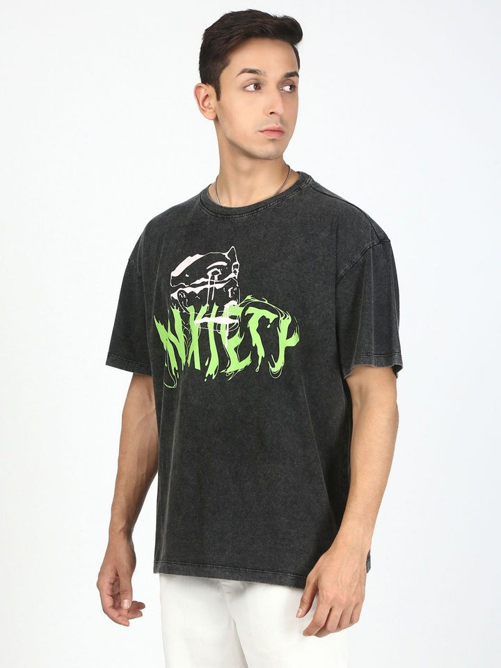 Bene Kleed Men Printed Drop-Shoulder Sleeves Acid Wash T-shirt