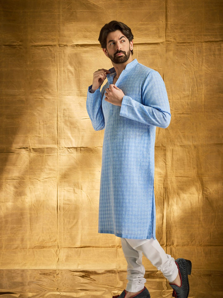 SOJANYA Men Blue Dobby Kurta