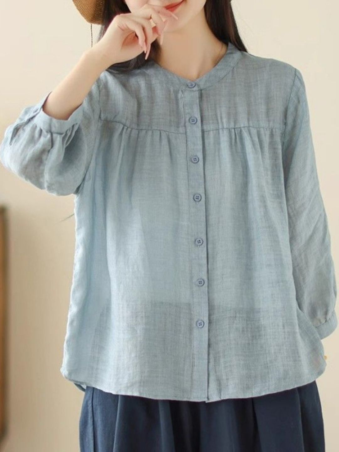 Dressberry Women Design Mandarin Collar Cuffed Sleeves Gaya Baju Tops