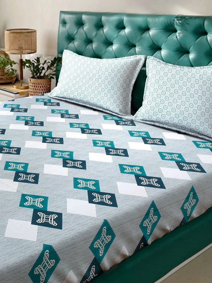 Myntra Elegant Homes Biru Turquoise & Kelabu Geometrik 400 TC Cadar King dengan 2 Sarung Bantal