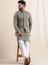 Motif Etnik Anouk Bersulam Kurta Kapas Tulen Bersulam Sequnnied Dengan Piyama & Jaket Nehru