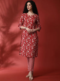 Anouk Floral Printed Round Notch Neck Straight Kurta With Trousers & Dupatta