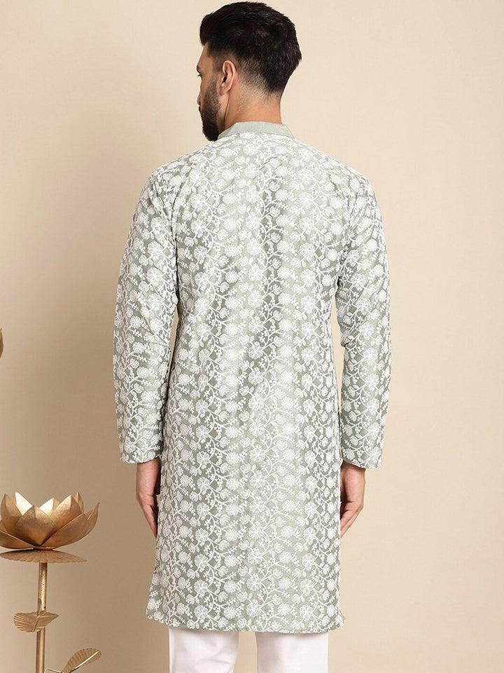 Anouk Floral Embroidered Band Collar Silk Cotton Straight Kurta