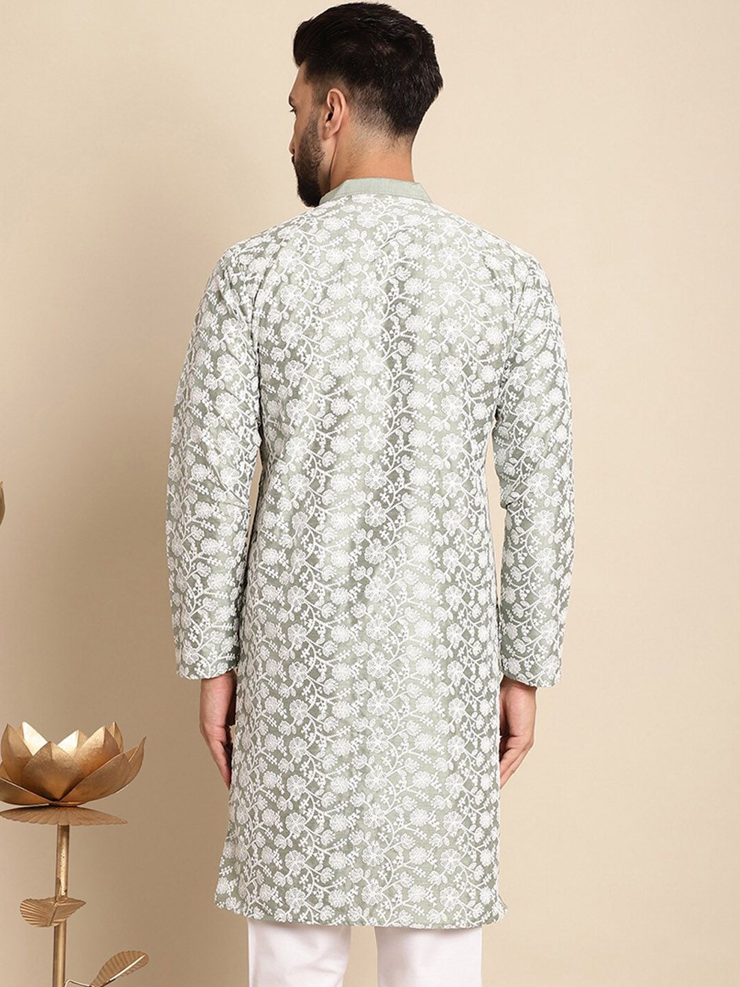 Anouk Floral Embroidered Band Collar Silk Cotton Straight Kurta