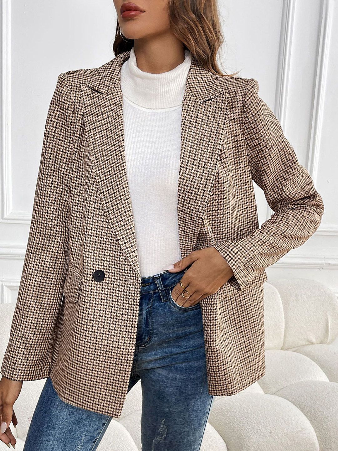DressBerry Women Checked Lapel Collar Top
