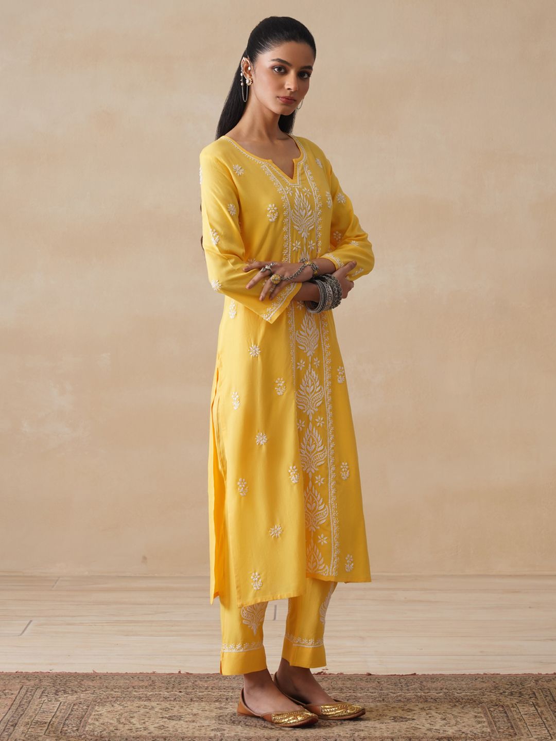 House of Chikankari Women Yellow Rayon Chikankari Embroidered Kurta Set
