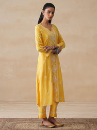 House of Chikankari Women Yellow Rayon Chikankari Embroidered Kurta Set