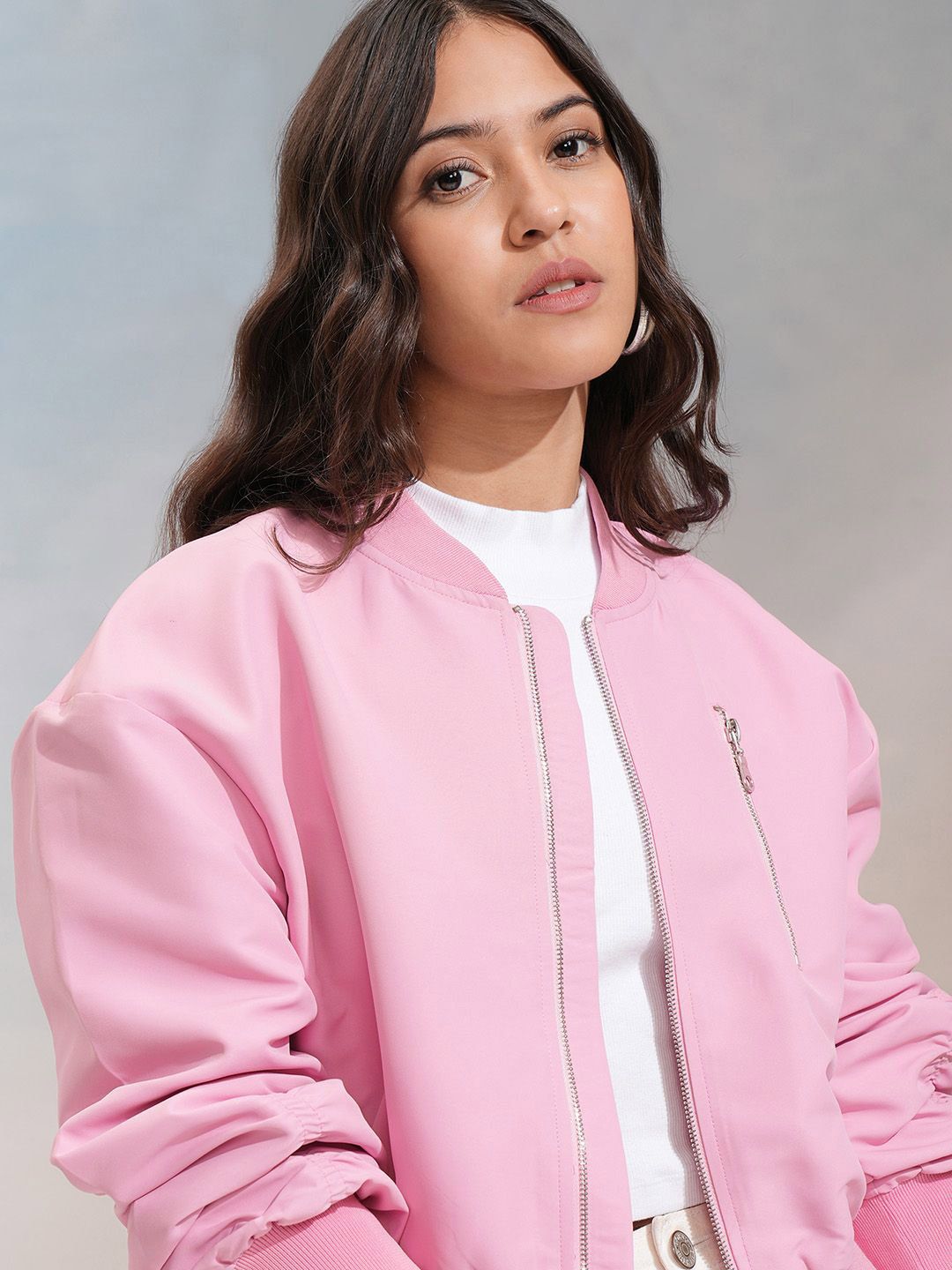 Tokyo Talkies Women Solid Zip Detailing Crop Bomber Jacket