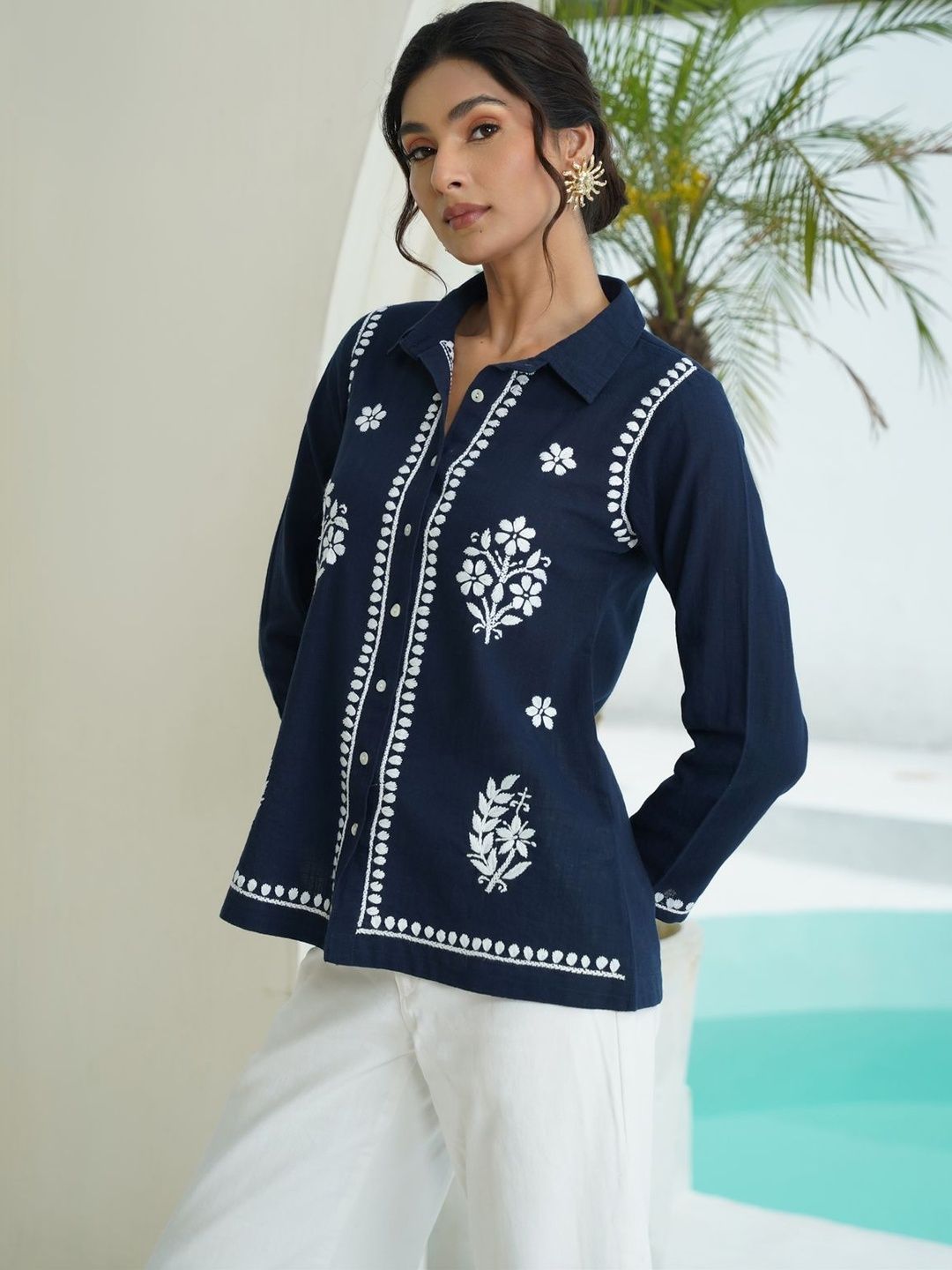 House of Chikankari Women Straight Floral Printed Spread Collar Cotton Baju Kasual