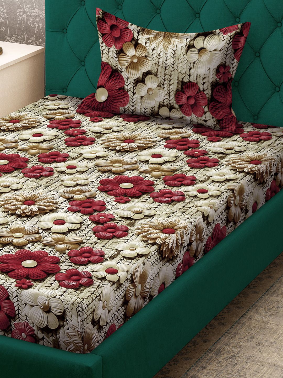 KLOTTHE Beige & Pink Floral 300 TC Single Bedsheet with 1 Pillow Covers