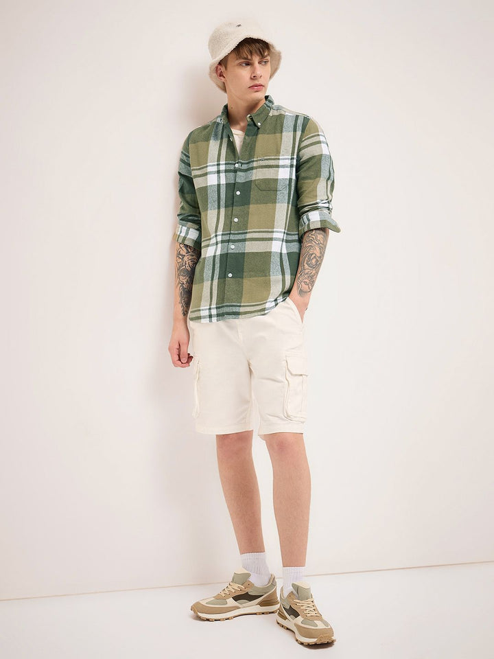 THE BEAR HOUSE Men Button-Down Collar Checked Cotton Slim Fit Casual Shirt