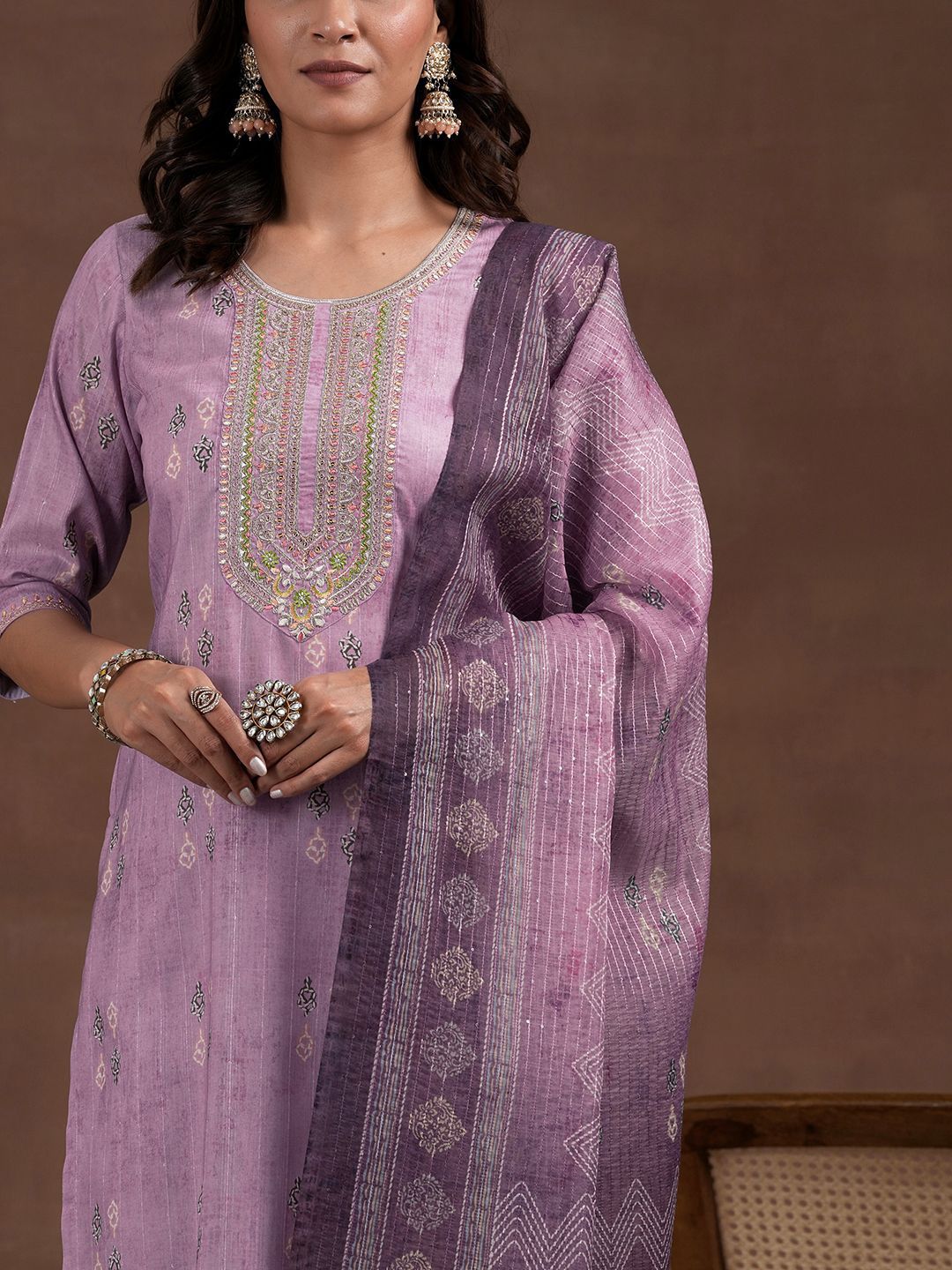 Libas Ethnic Motifs Printed Zari Straight Kurta with Palazzos & Dupatta