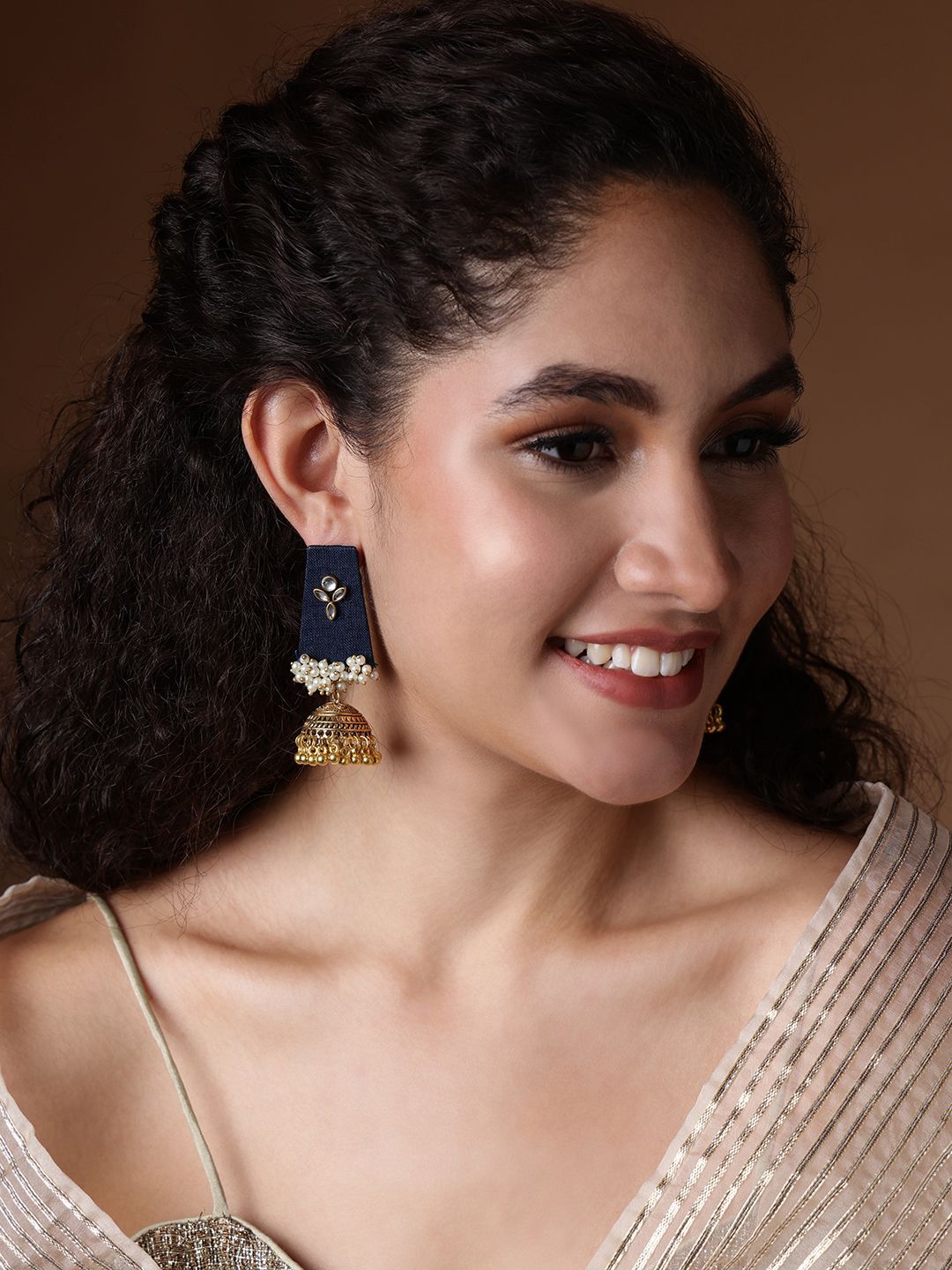 PANASH Gold-Plated Stones and Beads Studded Contemporary Jhumkas Earrings