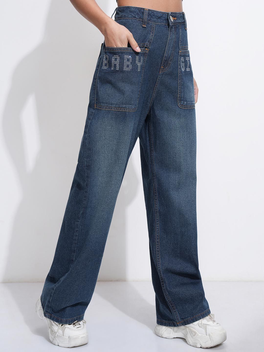 Street By Tokyo Talkies Women Rhinestone High Rise Wideleg Jeans