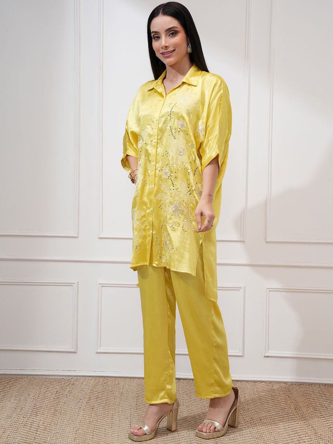 Vishudh Women Lime Embroidered Tunic with Regular Pants Co-Ord Set