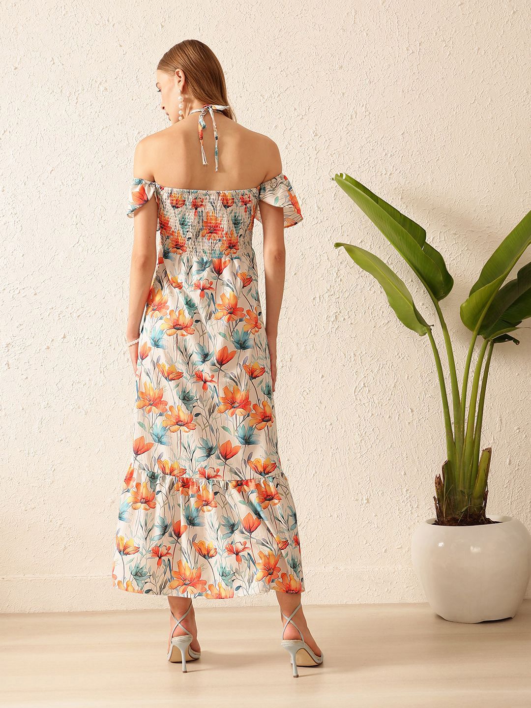 STREET 9 Floral Print Off-Shoulder Bell Sleeve Crepe Maxi Dress