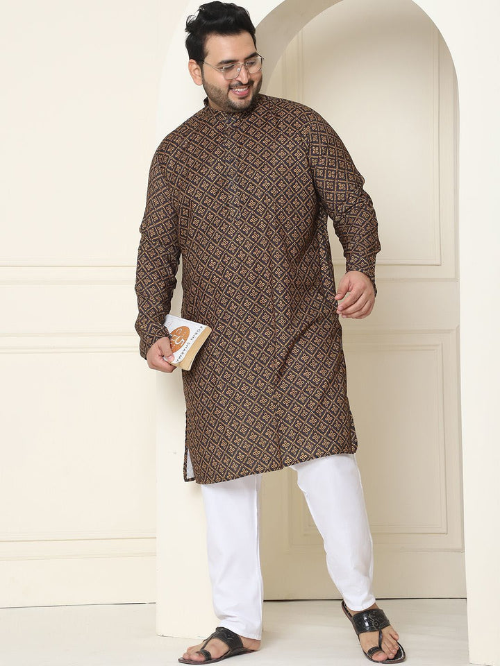 SOJANYA PLUS Motif Etnik Bercetak Kolar Mandarin Kurta Lurus Kapas Tulen dengan Piyama
