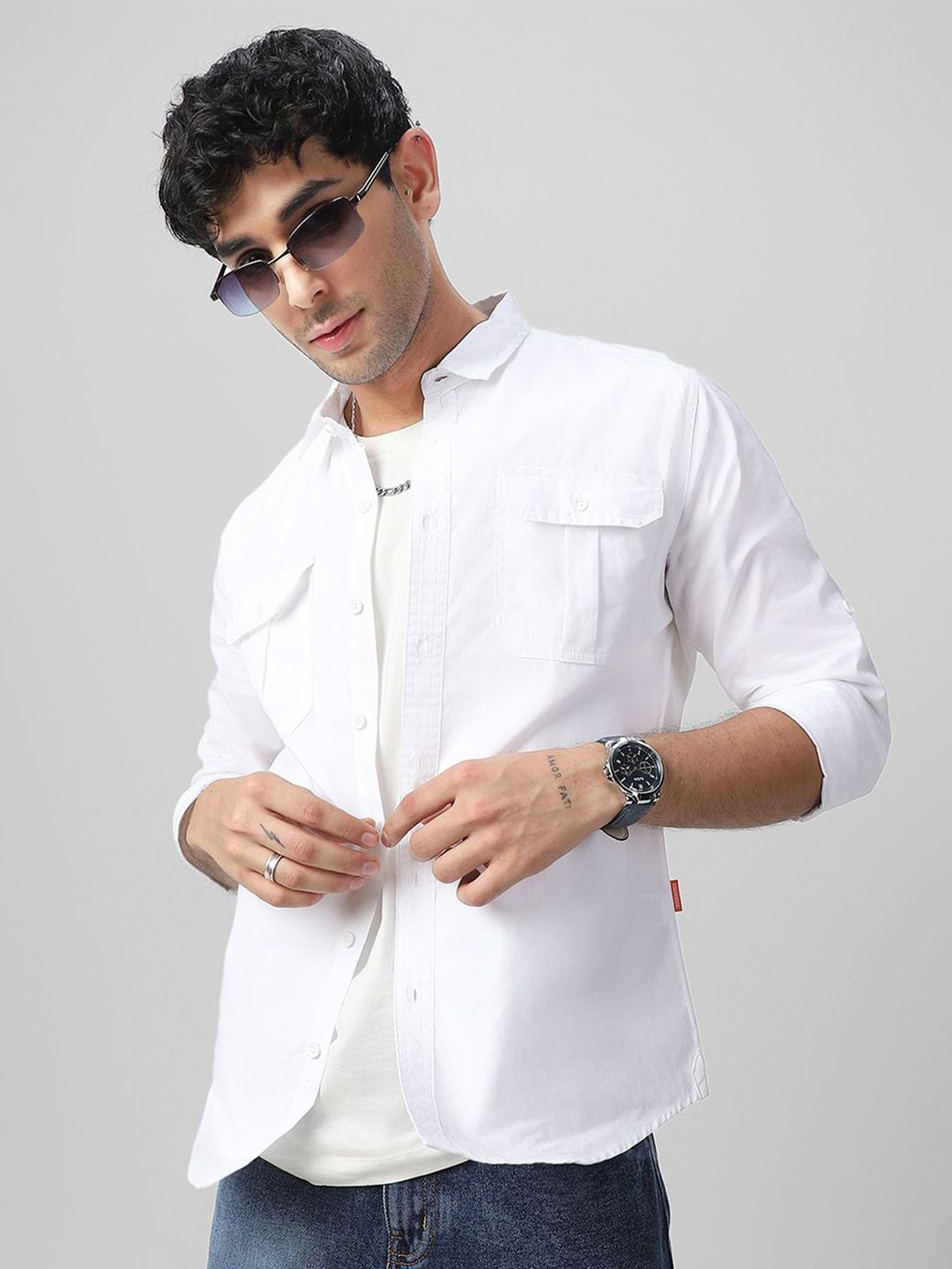 Urbano Fashion Men Spread Collar Solid Cotton Casual Shirt