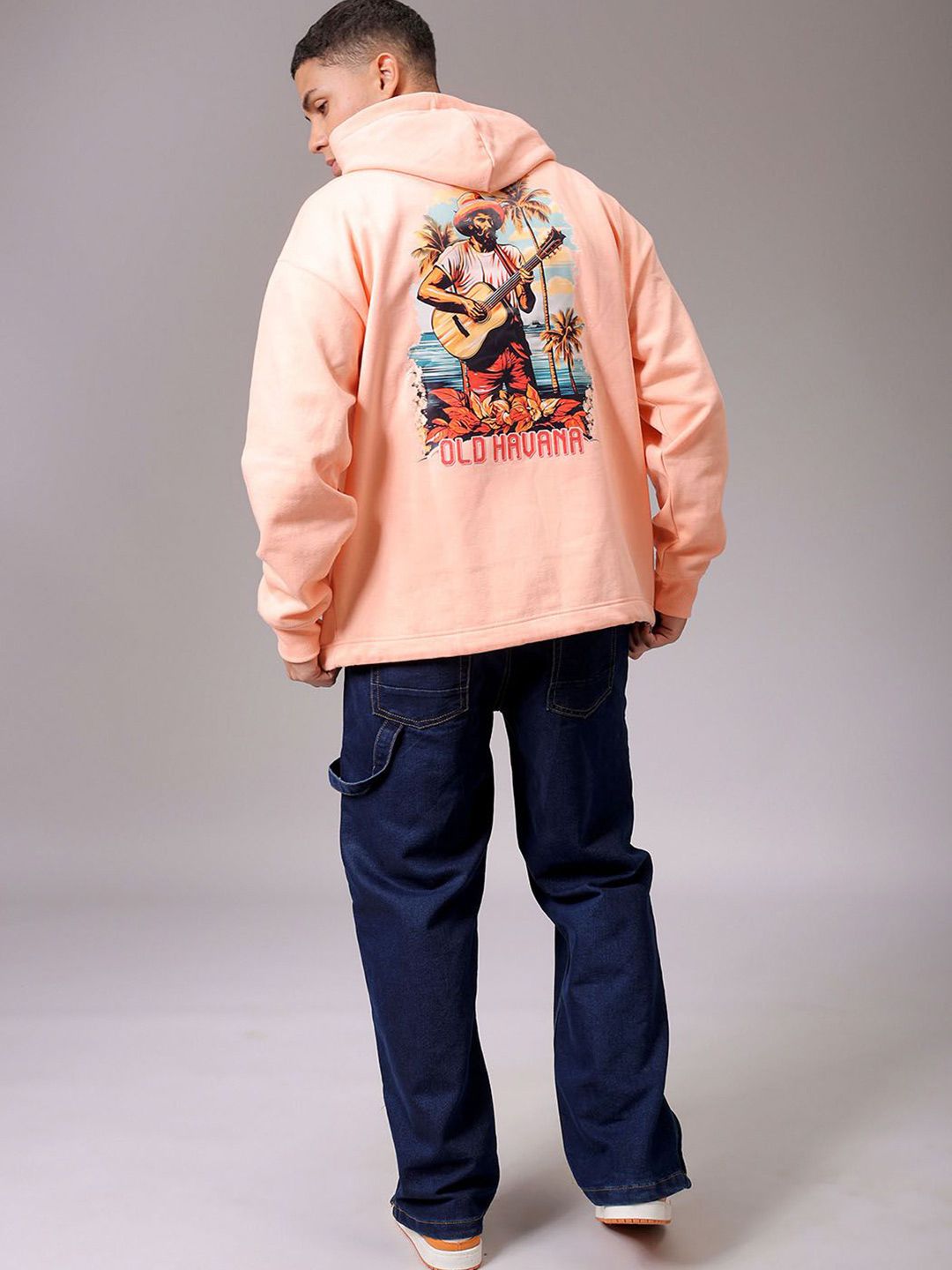 The Indian Garage Co Men Peach Printed Long Sleeves Pullover Hooded Neck Sweatshirt