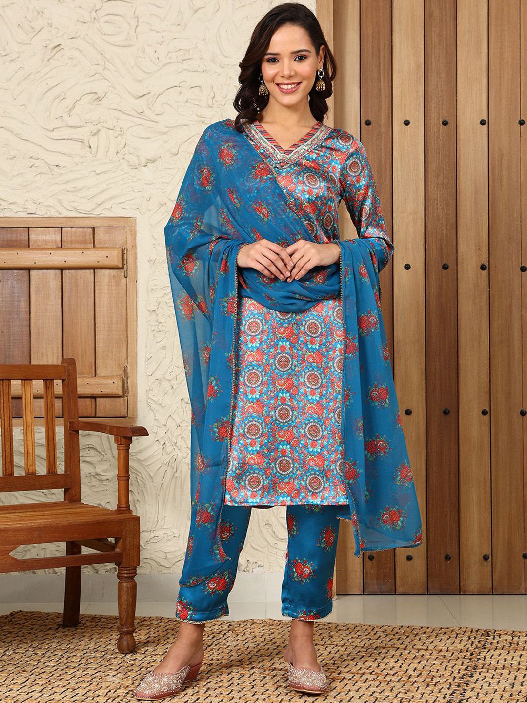 W Women Floral Printed Regular Kurta with Trousers & With Dupatta