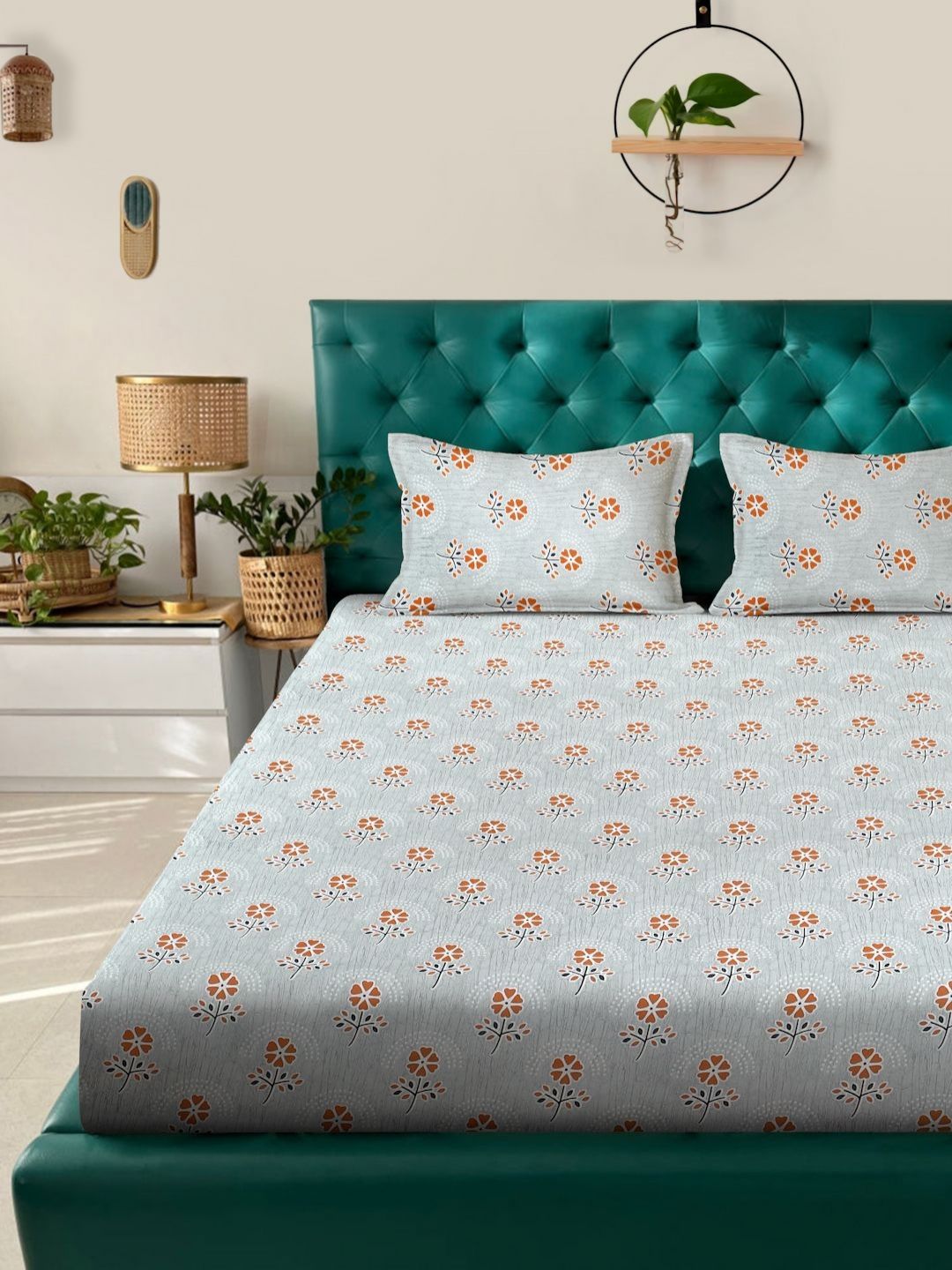 Myntra Elegant Homes Kelabu & Merah Bunga Kapas Tulen 400 TC Set Cadar King 2.5m x 2.25m