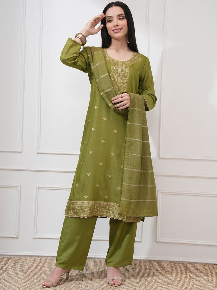 Vishudh Women Straight Jacquard Kurta With Bottom & Dupatta